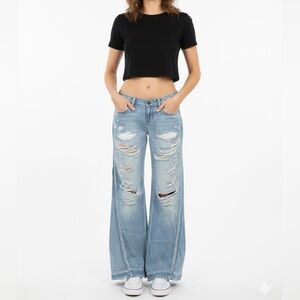 NWT One Teaspoon Royal Johnnies Distressed Wide Leg Jeans Blue Jane Sz 26